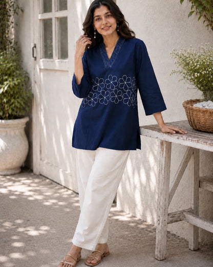 Embroidered V-Neck Three-Quarter Sleeve Cotton Kurti