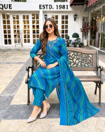 Blue Bandhani Stripe Print Cotton Kurta Pant Dupatta Set