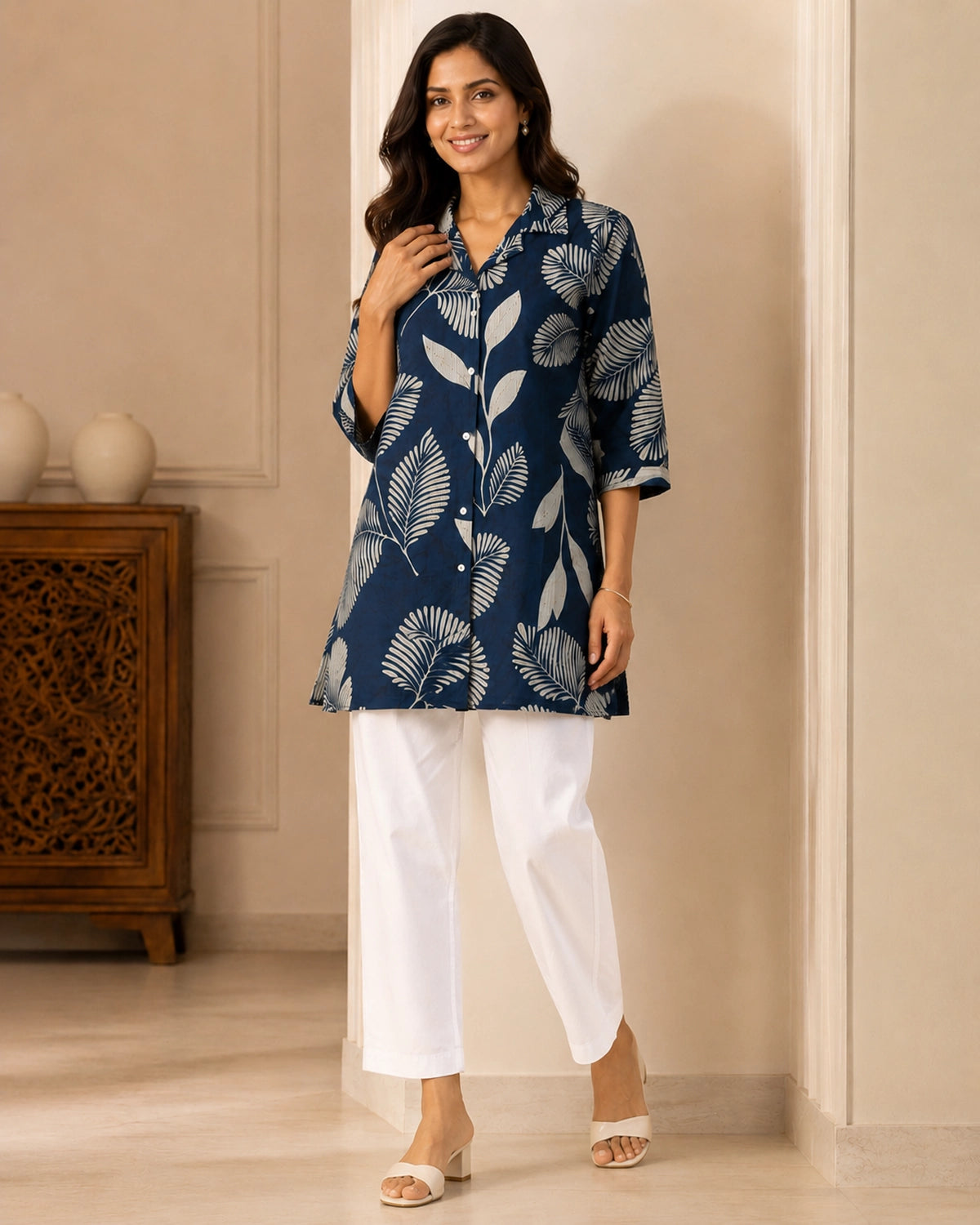 Floral Print Collared Three-Quarter Sleeve Cotton Kurti
