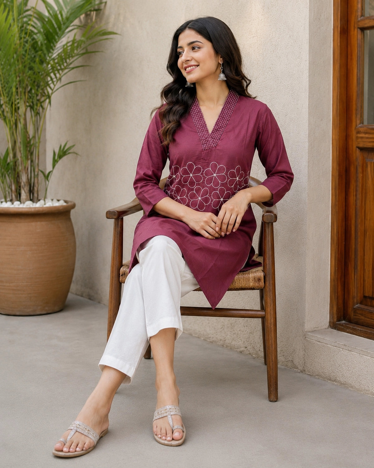 Embroidered V-Neck Three-Quarter Sleeve Cotton Kurti