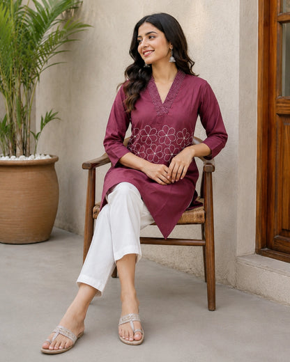 Embroidered V-Neck Three-Quarter Sleeve Cotton Kurti