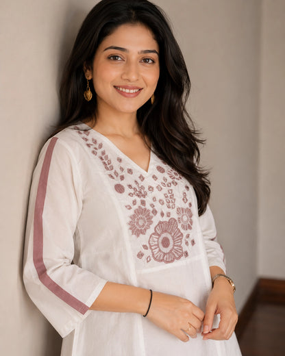 Floral Embroidered V-Neck Flared Cotton Co-ord Set
