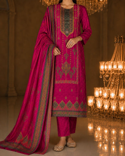 Magenta Jamawar Print Viscose Kurta Pant Dupatta Set