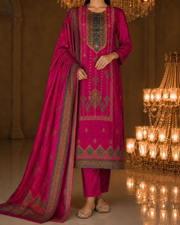 Magenta Jamawar Print Viscose Kurta Pant Dupatta Set — image 4