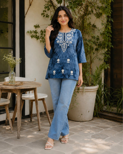 Chikankari Tie-Dye Round Neck Cotton Kurti