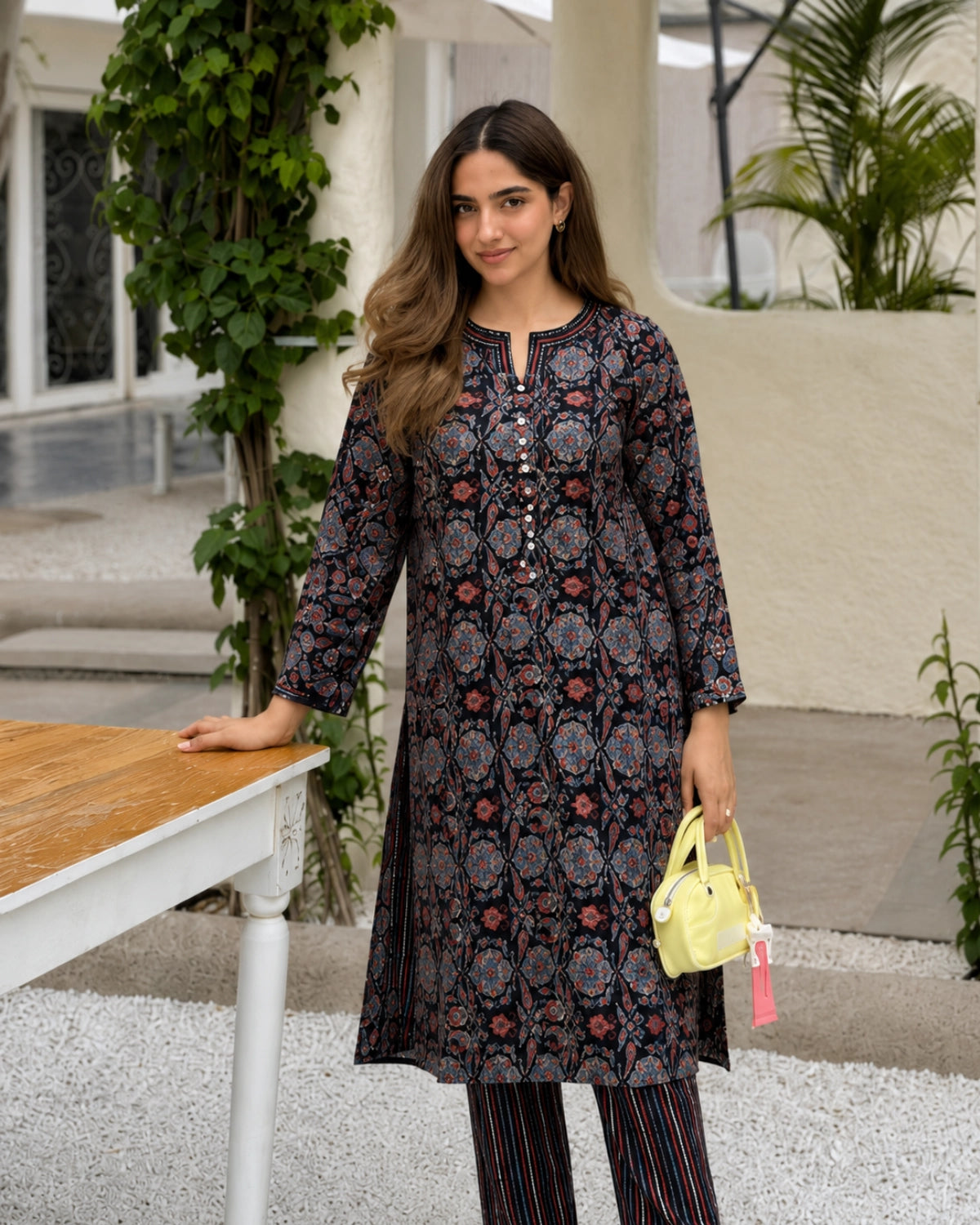 Navy Blue Ajrakh Print Cotton Kurta Pant Set for Daily Wear