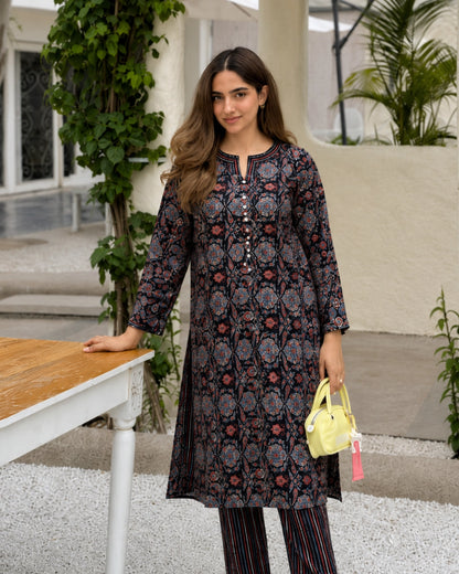 Navy Blue Ajrakh Print Cotton Kurta Pant Set for Daily Wear