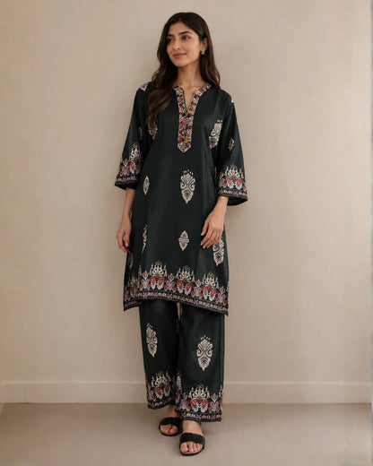 Dark Green Paisley Print Rayon Co-ord Set for Daily Wear