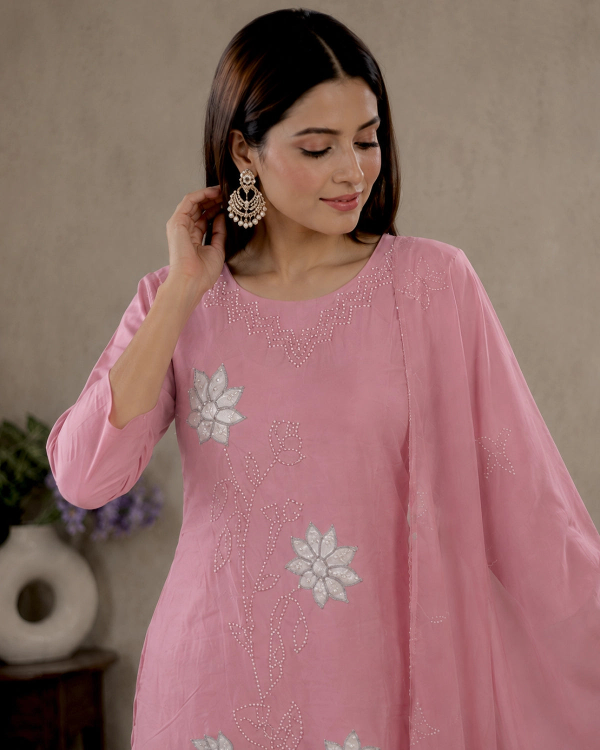 Pink Thread Embroidered Cotton Kurta Pant Dupatta Set for Daily Wear