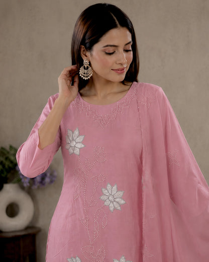 Pink Thread Embroidered Cotton Kurta Pant Dupatta Set for Daily Wear