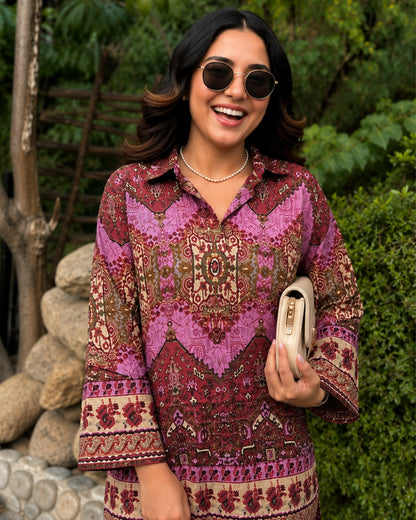 Wine Boho Print Rayon Co-ord Set with Shirt Collar for Vacation Wear