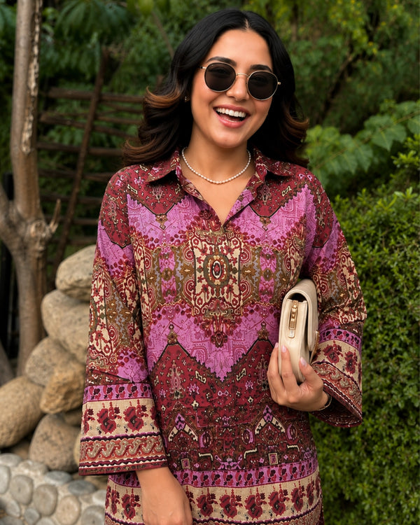 Wine Boho Print Rayon Co-ord Set with Shirt Collar for Vacation Wear — image 2