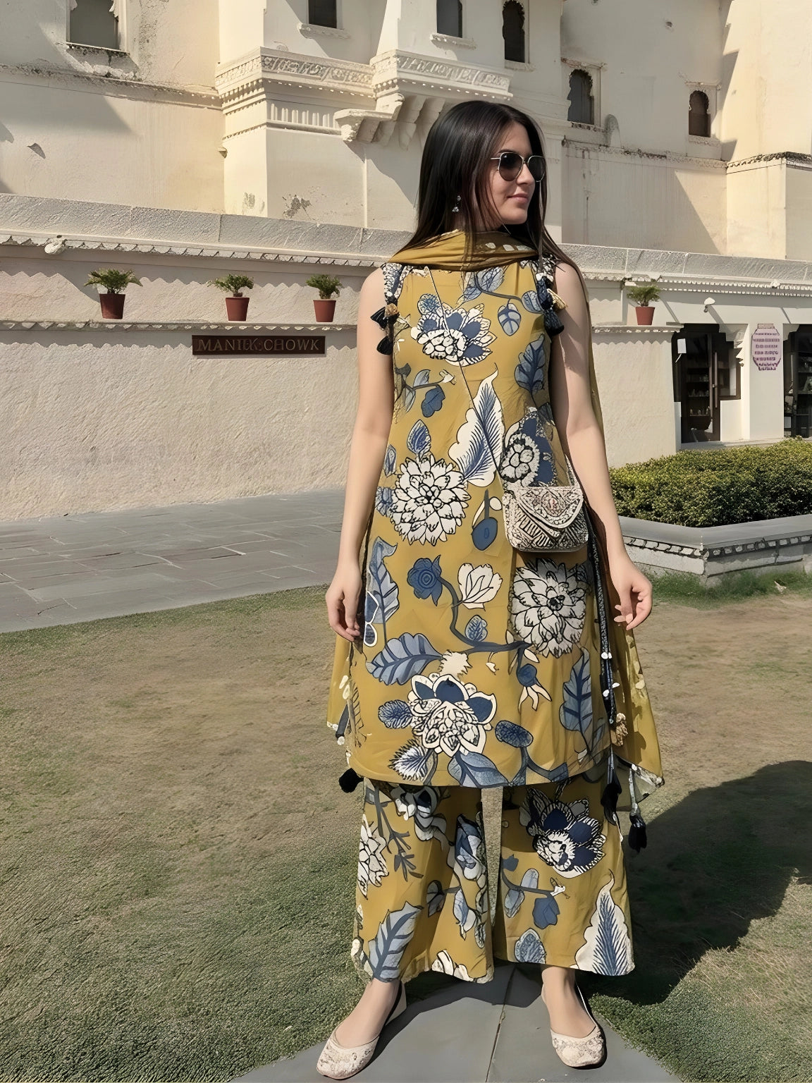 Mustard Floral Print Kurta & Palazzo Set with Dupatta