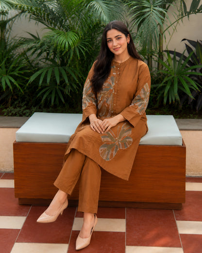 Brown Kantha Cotton Kurta Pant Set with Mandarin Collar