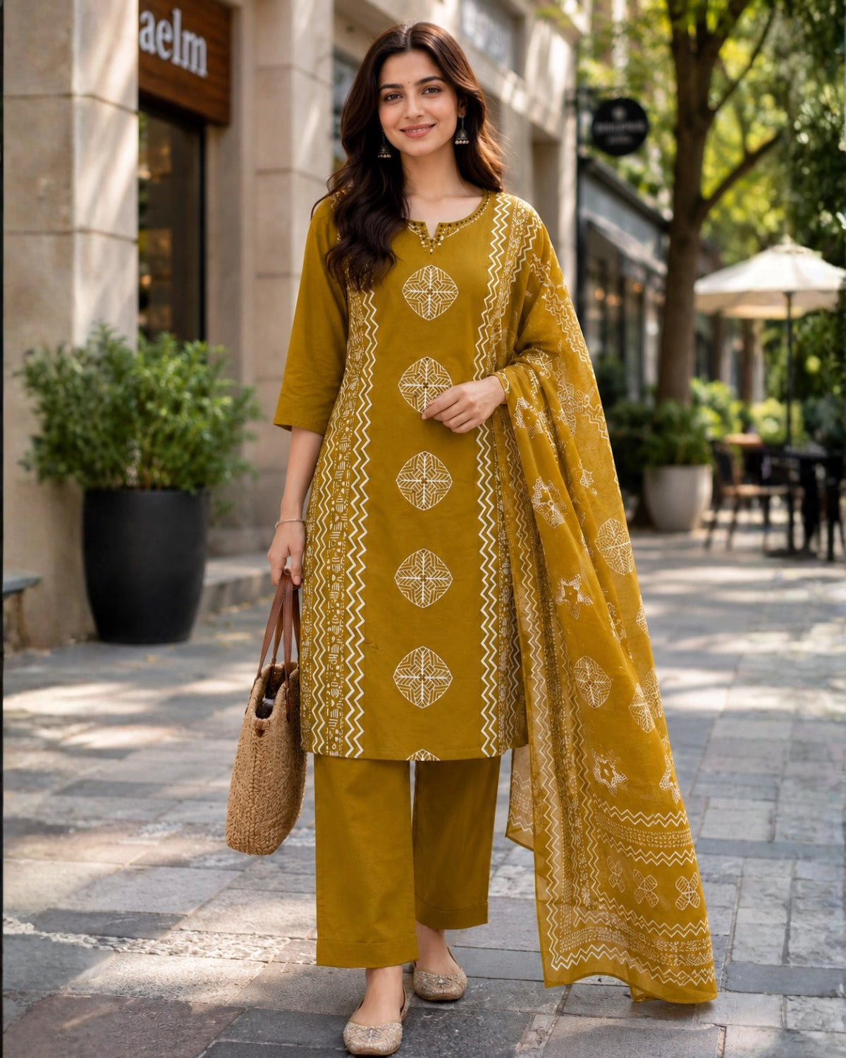 Block Print Cotton Kurta Pant Dupatta with Round Neck for Daily Wear