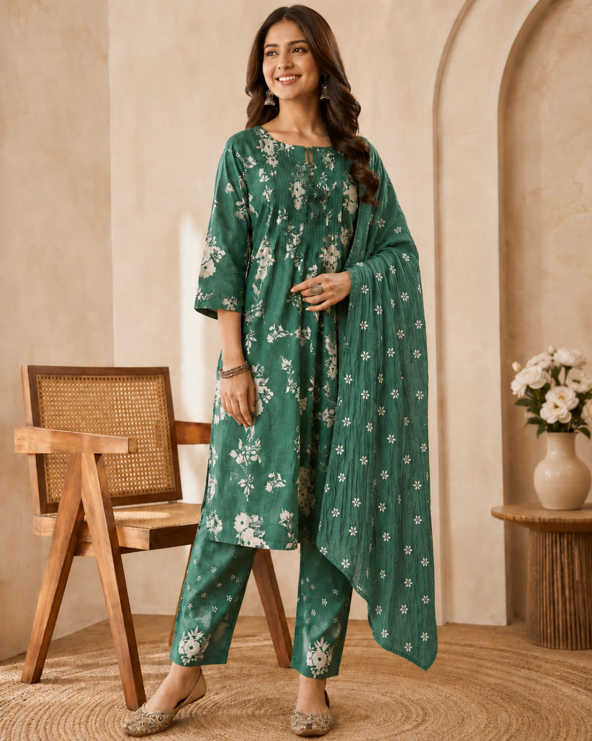 Bottle Green Floral Cotton Kurta Pant Dupatta for Daily Wear
