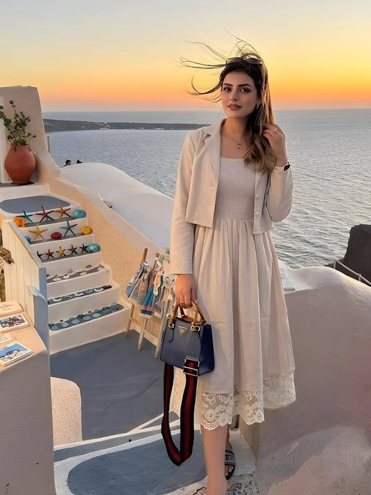 Elegant Beige Smocked Midi Dress & Cropped Jacket Set