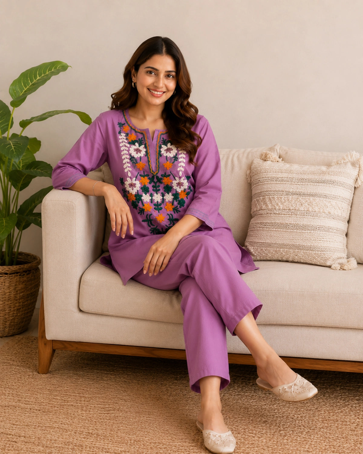Thread Work Round Neck Rayon Co-ord Set
