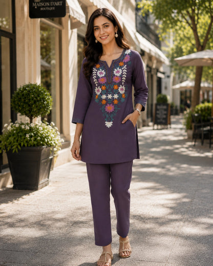 Thread Work Round Neck Rayon Co-ord Set