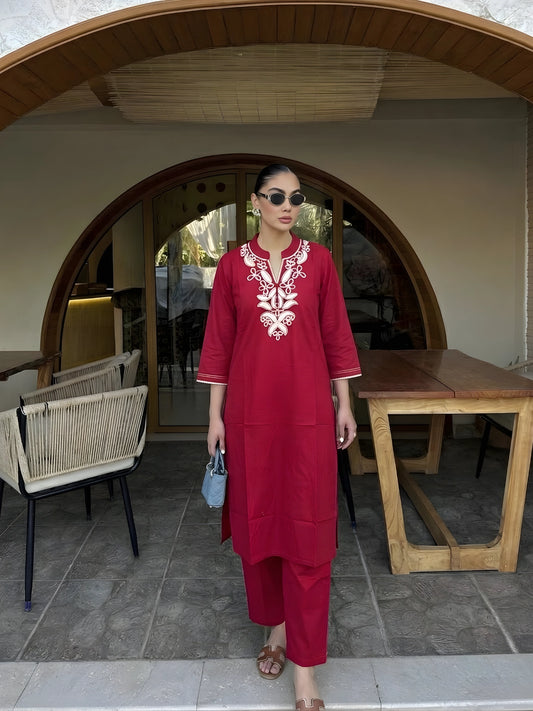 Radiant Red Embroidered Kurta Pant Set