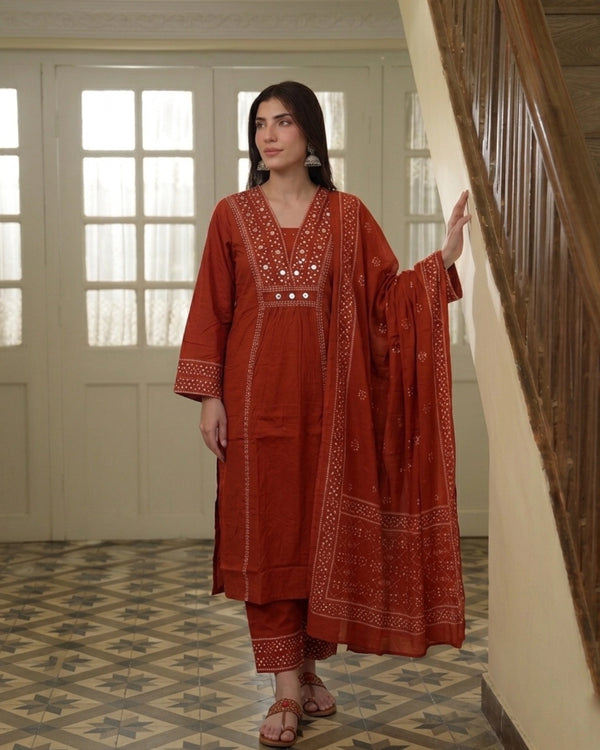 Rust Mirror Work Cotton Kurta Pant Dupatta Set for Daily Wear