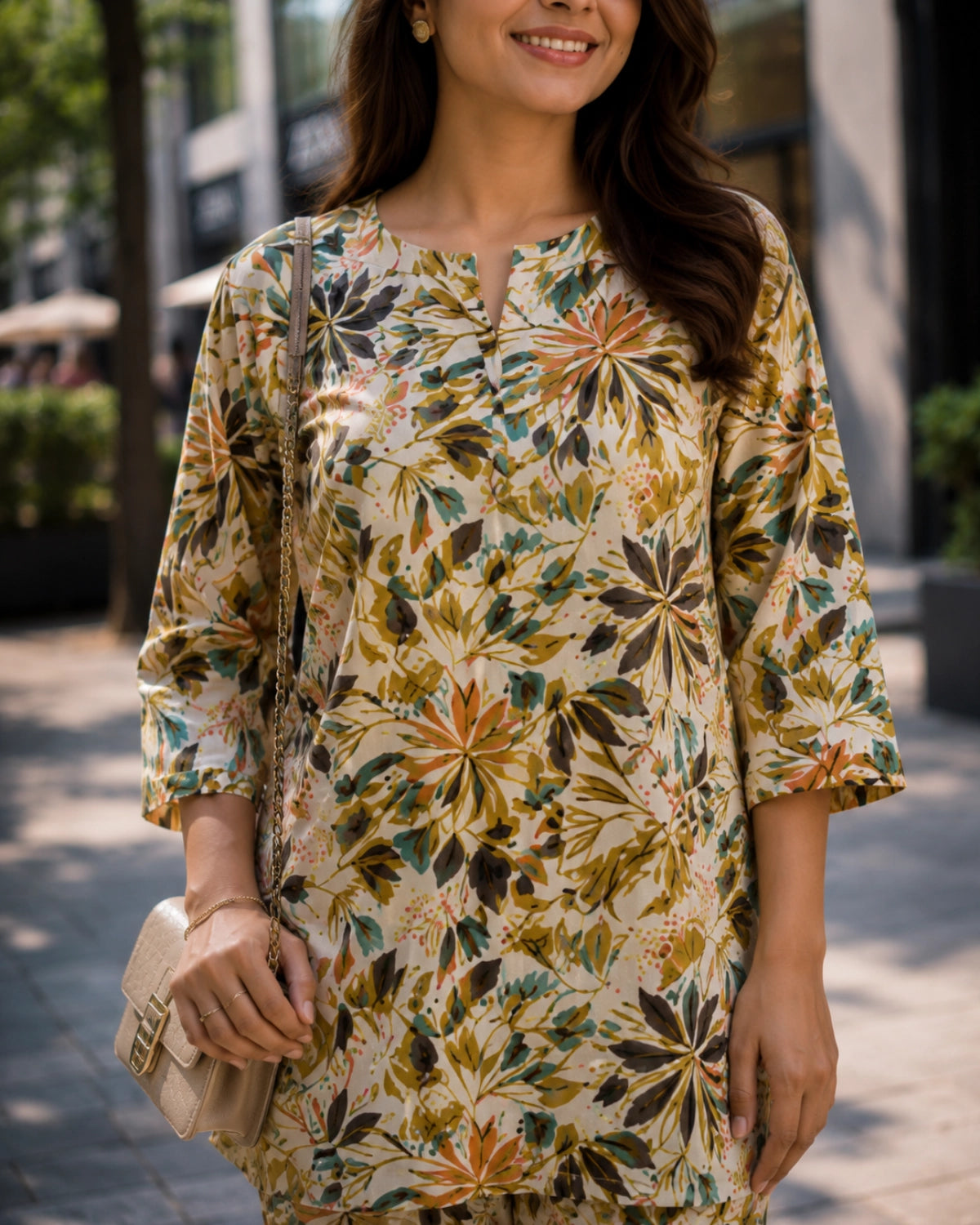 Cream Floral Print Cotton Co-ord Set for Daily Wear