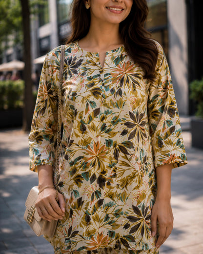 Cream Floral Print Cotton Co-ord Set for Daily Wear