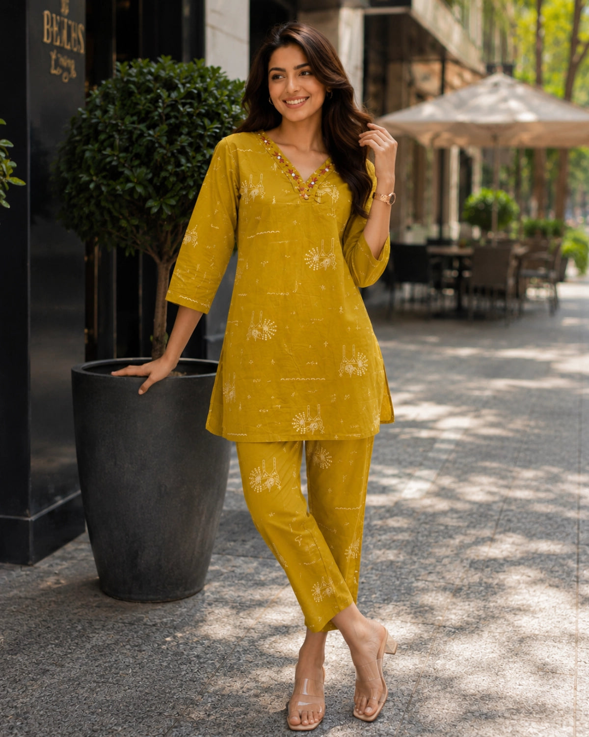 Warli Print Cotton Co-ord Set with V Neck for Daily Wear