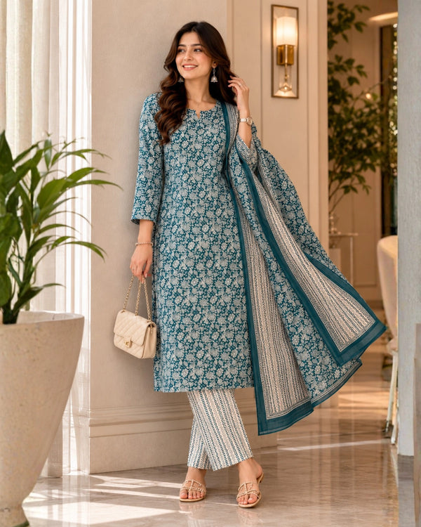 Teal Block Print Cotton Unstitched Suit for Daily Wear — image 4