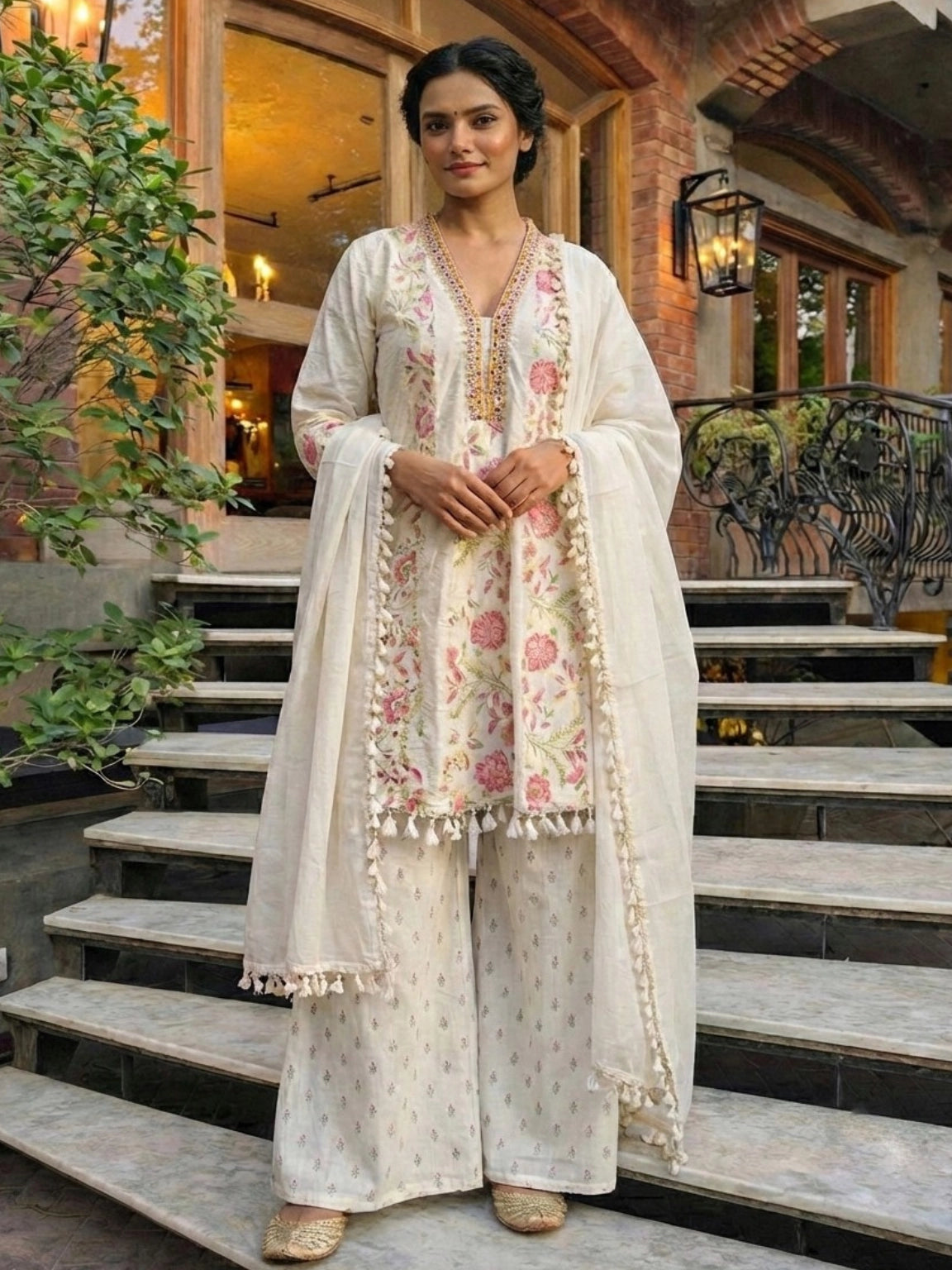Floral Embroidered Ivory Kurta Set