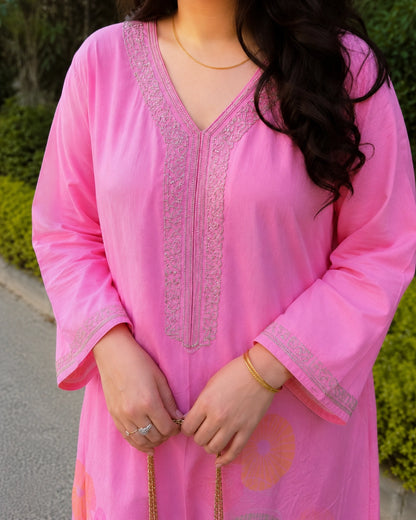 Pink Floral Embroidered Cotton Kurta Pant Set for Office Wear