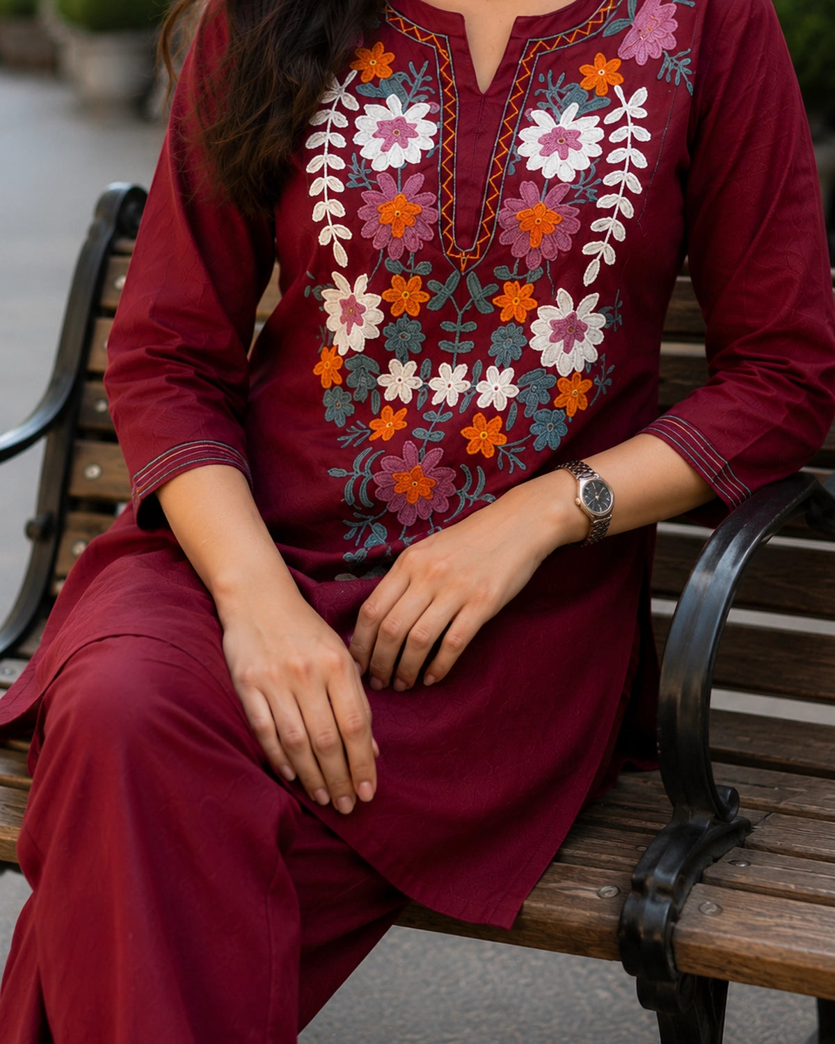 Thread Work Round Neck Rayon Co-ord Set