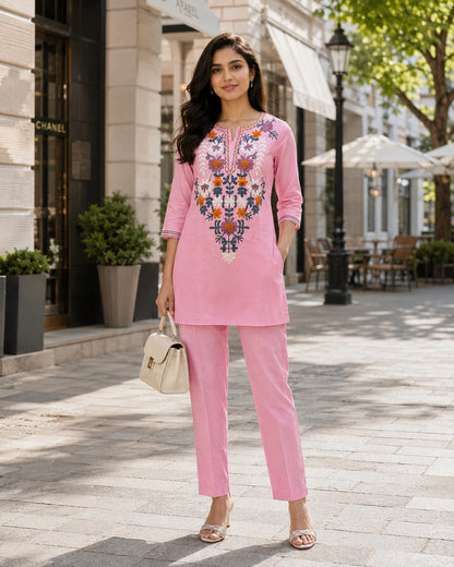 Thread Work Round Neck Rayon Co-ord Set