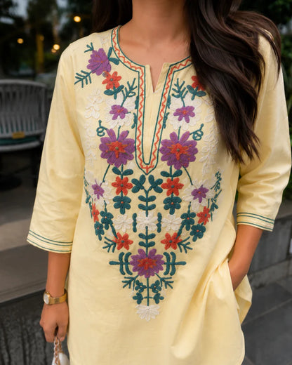 Floral Thread Work Cotton Co-ord Set with Notch Neck for Vacation Wear