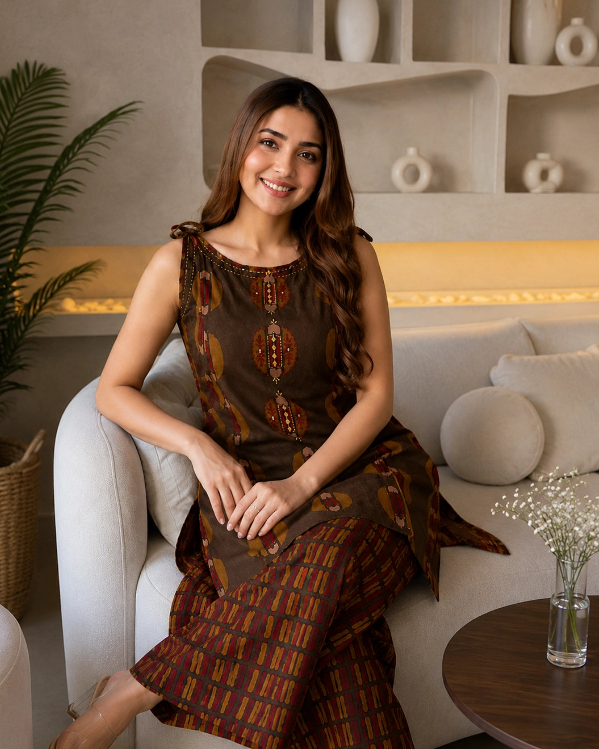 Brown Ajrakh Print Cotton Co-Ord Set with U-Neck for Daily Wear