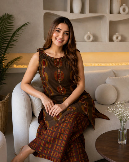 Brown Ajrakh Print Cotton Co-Ord Set with U-Neck for Daily Wear