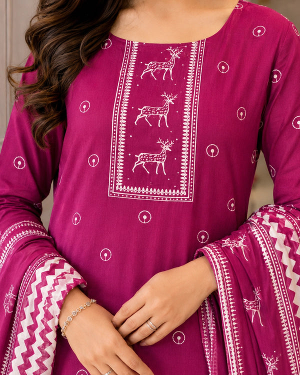 Rani Pink Block Print Cotton Unstitched Suit for Daily Wear — image 3