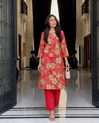 Coral Pink Floral Print Kurta Pant Set with Round Neck for Daily Wear