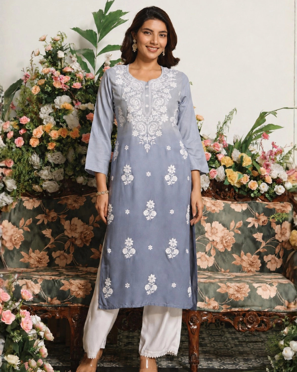Powder Blue Chikankari Embroidered Cotton Kurti for Office Wear
