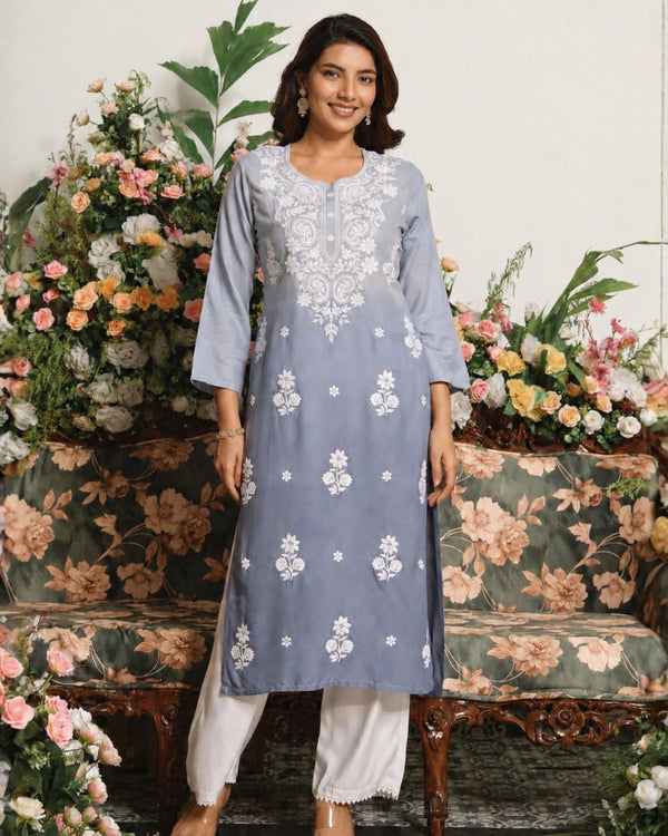 Powder Blue Chikankari Embroidered Cotton Kurti for Office Wear — image 4