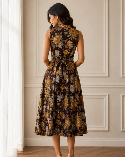 Floral Print Sleeveless Collared Rayon Midi Dress for Vacation