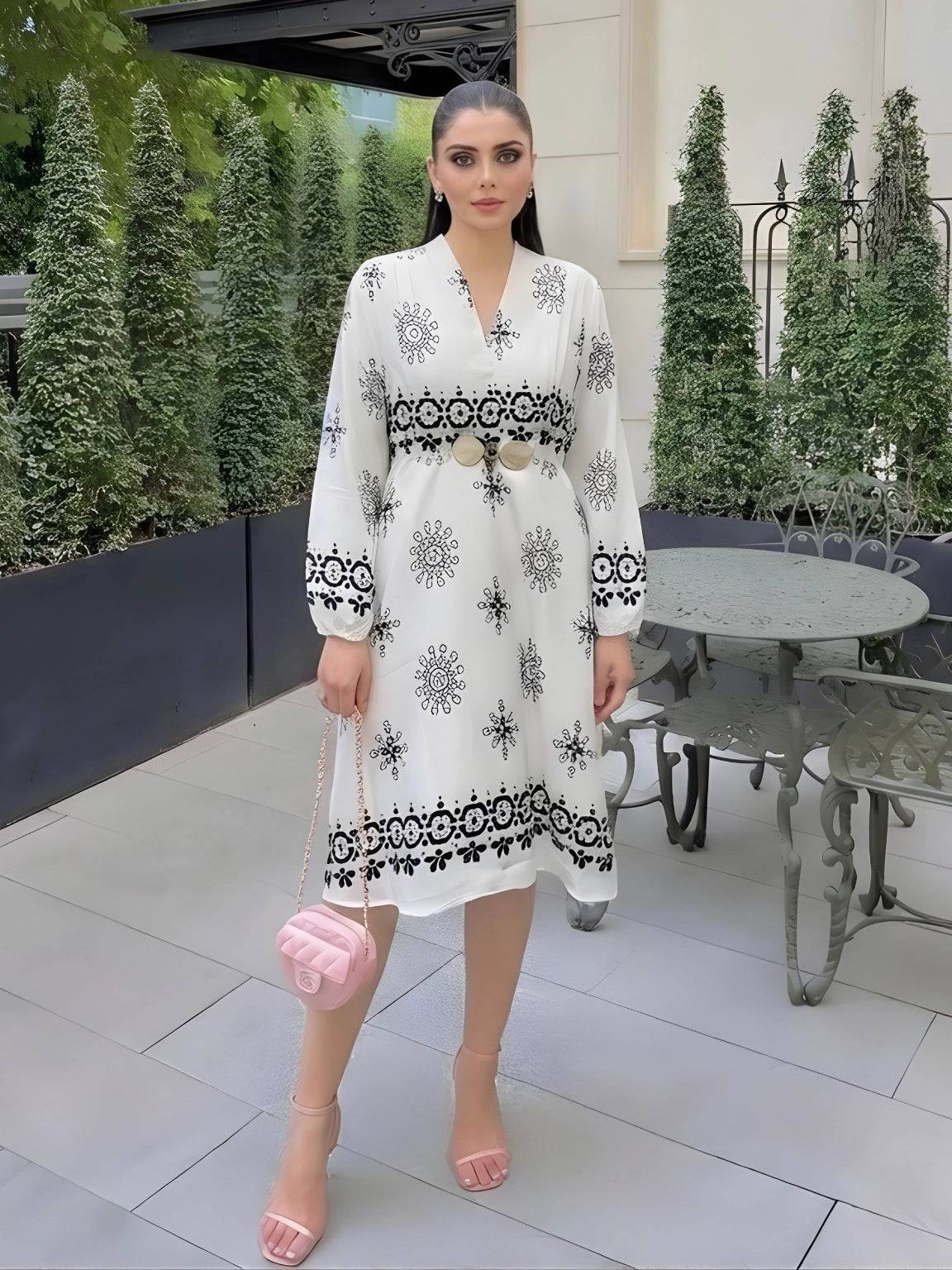 Floral Printed V-Neck White Dress