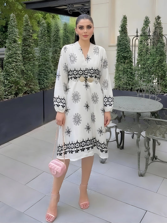 Floral Printed V-Neck White Dress