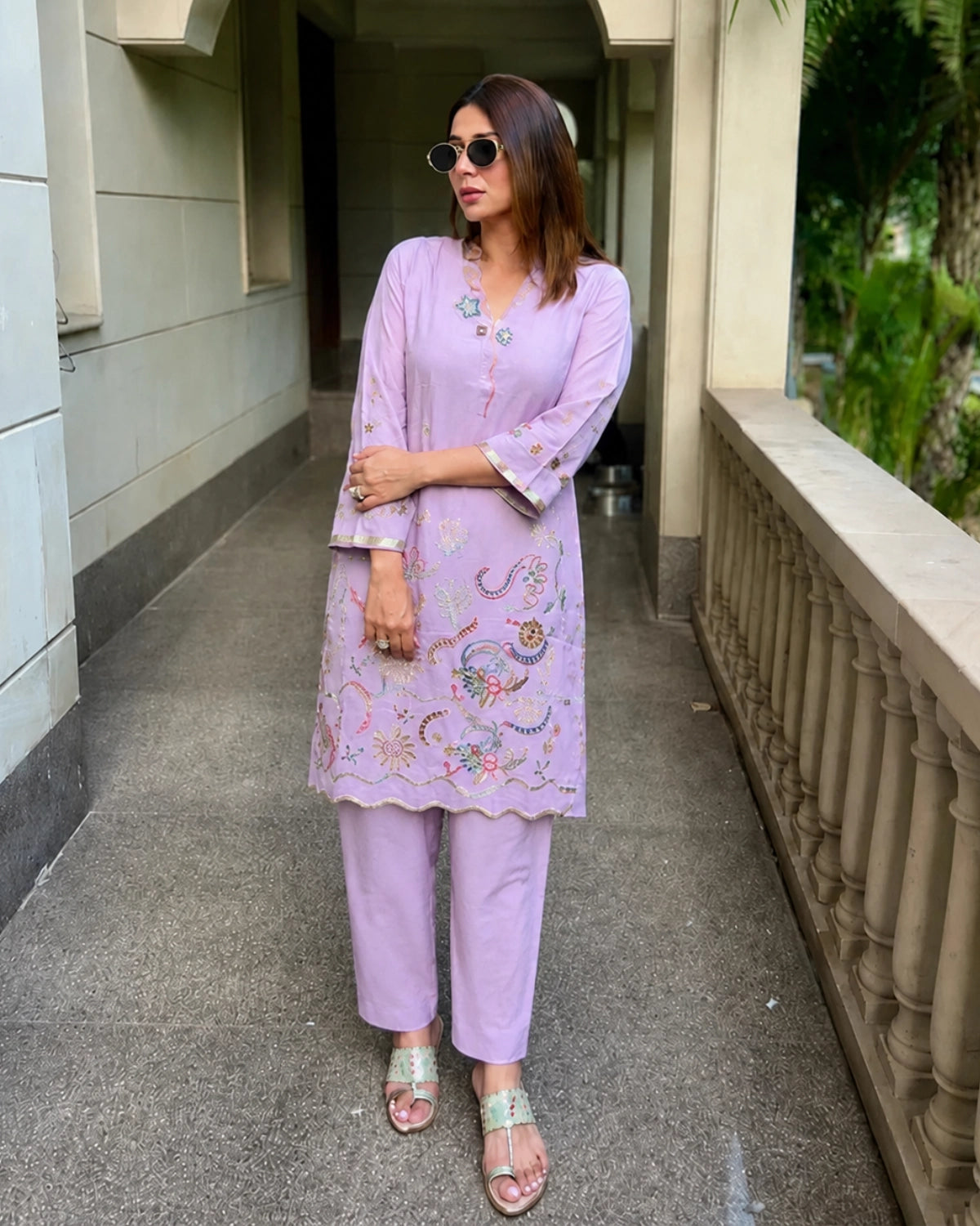Lavender Embroidered Cotton Kurta Pant Set for Office Wear