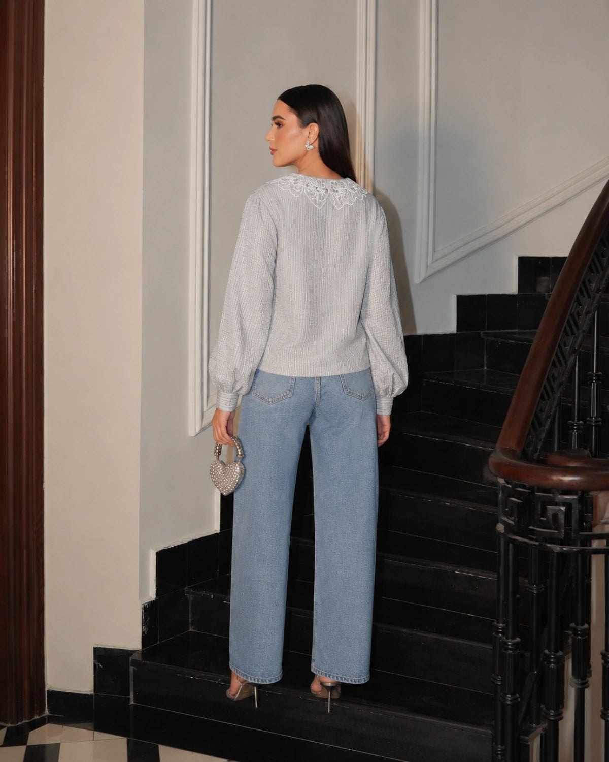 Grey Imported Shirt with Lace Collar for Office and Vacation Wear