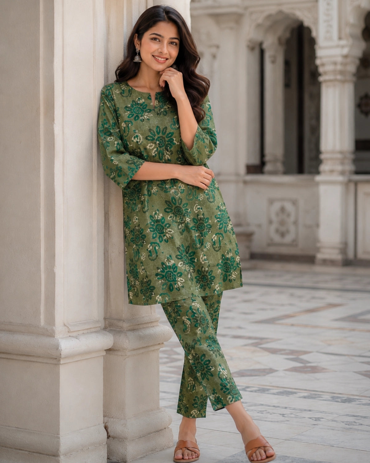 Green Floral Print Cotton Co-ord Set for Daily Wear