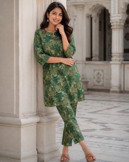 Green Floral Print Cotton Co-ord Set for Daily Wear