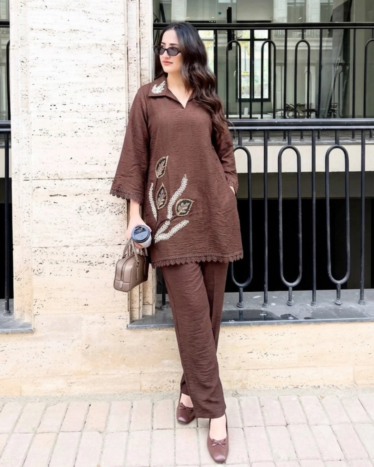 Thread Work Imported Co-Ord Set with Collar Neck and Lace Trim for Office Wear
