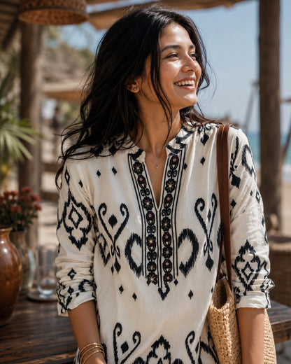 Ikat Print Rayon Co-ord Set with Notch Neck for Vacation Wear