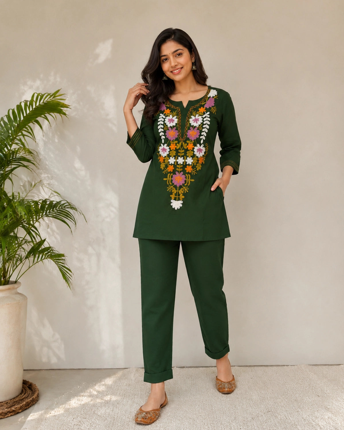 Floral Thread Work Cotton Co-ord Set with Notch Neck for Vacation Wear